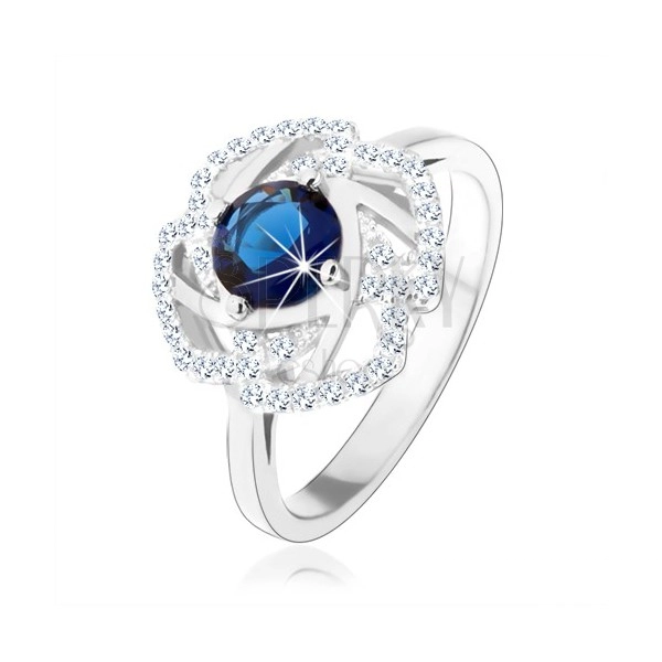925 ezüst gyűrű, csillogó virág körvonal, kék kerek cirkónia
