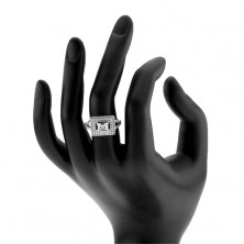 Gyűrű 925 ezüstből, átlátszó cirkónia - téglalap, csillogó keret, kettős szárak