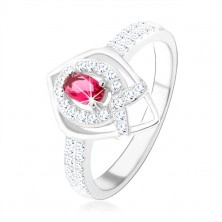 925 ezüst gyűrű, csúcsos könnycsepp körvonal, rózsaszín cirkónia, "V" betűs vonal