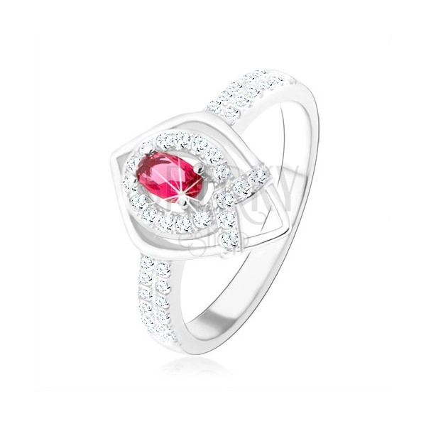 925 ezüst gyűrű, csúcsos könnycsepp körvonal, rózsaszín cirkónia, "V" betűs vonal
