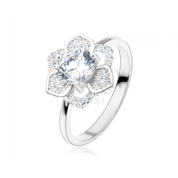 Gyűrű 925 ezüstből, csillogó virág, csiszolt átlátszó cirkónia, sima szárak