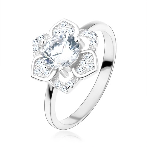 Gyűrű 925 ezüstből, csillogó virág, csiszolt átlátszó cirkónia, sima szárak - Nagyság: 58