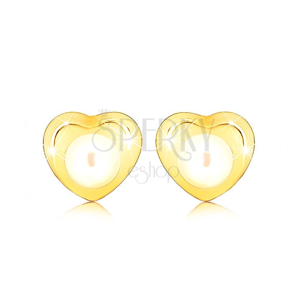 Fülbevaló 9K sárga aranyból - kicsi, fényes szívecske, gyöngy