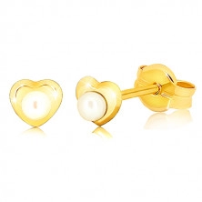 Fülbevaló 9K sárga aranyból - kicsi, fényes szívecske, gyöngy