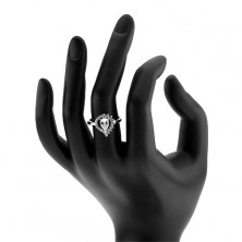 Gyűrű 925 ezüstből, aszimmetrikus könnycsepp - körvonal, átlátszó cirkóniás csepp