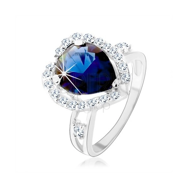 Gyűrű, 925 ezüst, kettős szárak, kék cirkónia - könnycsepp, csillogó keret