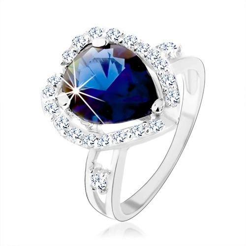 Gyűrű, 925 ezüst, kettős szárak, kék cirkónia - könnycsepp, csillogó keret - Nagyság: 49