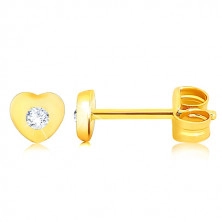 Fülbevaló 9K sárga aranyból - apró szívecske átlátszó cirkóniával, stekkerek
