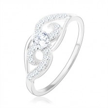 Gyűrű, 925 ezüstből, aszimmetrikusan csavart minta, kristálytiszta kör cirkónia
