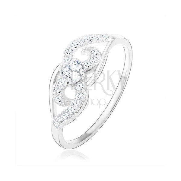 Gyűrű, 925 ezüstből, aszimmetrikusan csavart minta, kristálytiszta kör cirkónia