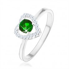 Gyűrű 925 ezüstből, csillogó szív kontúr, zöld kerek cirkónia