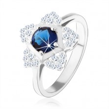Eljegyzési gyűrű, 925 ezüst, csillogó virág, kerek kék cirkónia