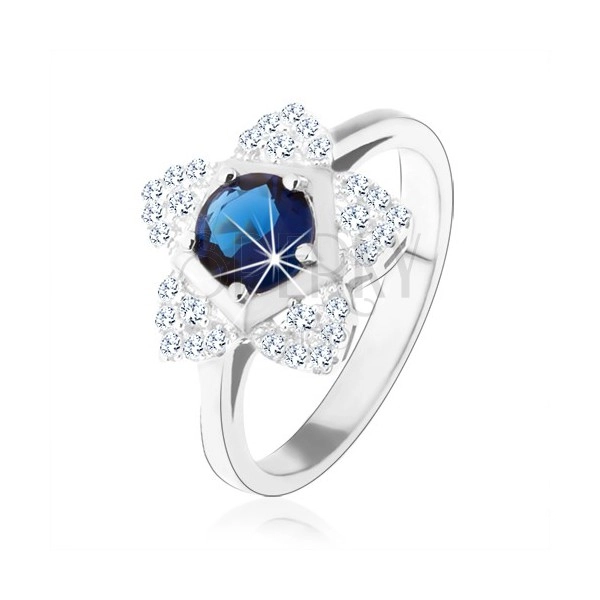 Eljegyzési gyűrű, 925 ezüst, csillogó virág, kerek kék cirkónia