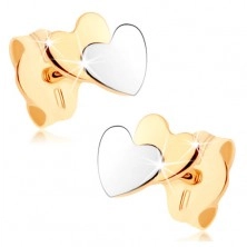 Kétszínű fülbevaló 9K aranyból - kicsi lapos szívecske, tükörfény