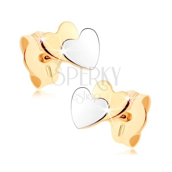 Kétszínű fülbevaló 9K aranyból - kicsi lapos szívecske, tükörfény