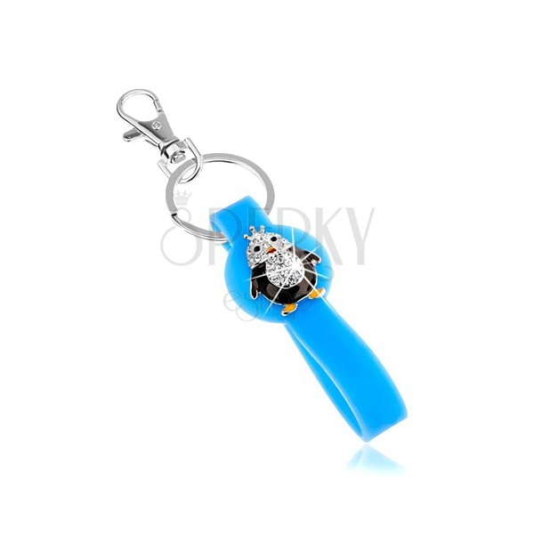 Kulcstartó, kék medál szilikonból, kicsi pingvin, cirkóniák, színes fénymáz