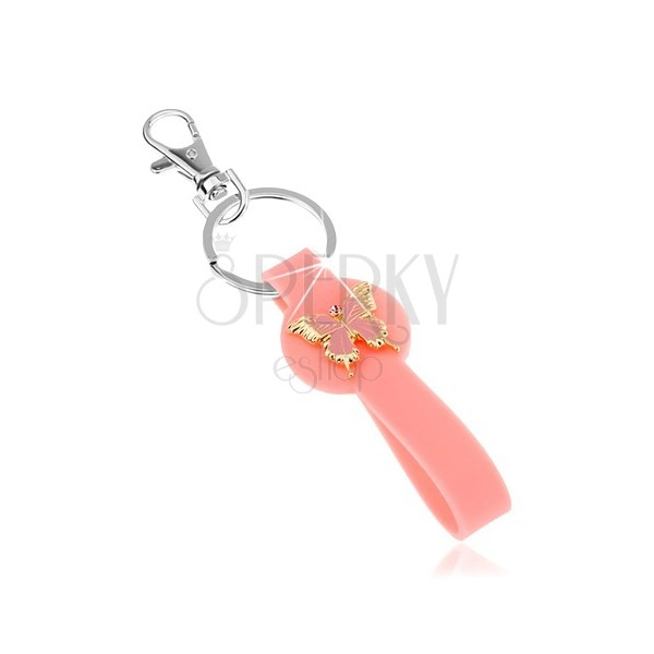 Kulcstartó, rózsaszín medál szilikonból, pillangó arany színben, rózsaszín fénymáz