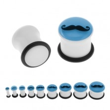 Fehér piercing a fülbe - plug, bajusz, gumi, sötétben világító kék előlap