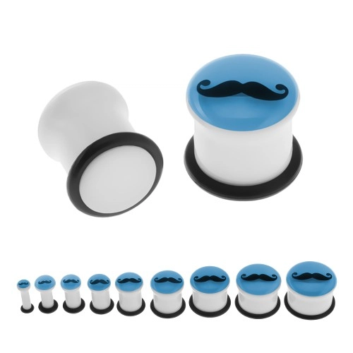 Fehér piercing a fülbe - plug, bajusz, gumi, sötétben világító kék előlap - Vastagság: 4 mm