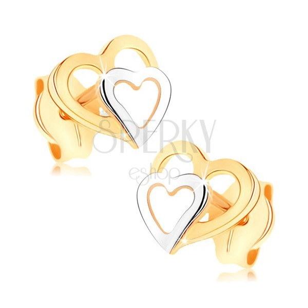 Fülbevaló 9K aranyból - kétszínű szívkörvonal, stekkeres, fényes felület