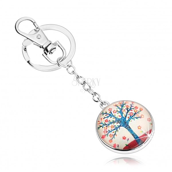 Cabochon kulcstartó, kék életfa, piros virágok, fehér háttér