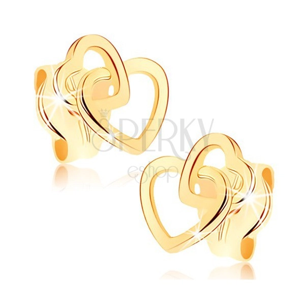 Fülbevaló 9K sárga aranyból - összekapcsolt szimmetrikus szív körvonalak