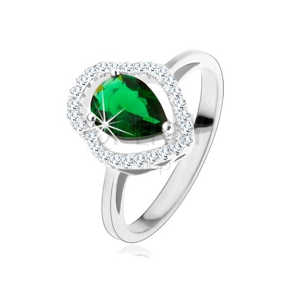 925 ezüst gyűrű, zöld cirkóniás könnycsepp, átlátszó csillogó körvonal