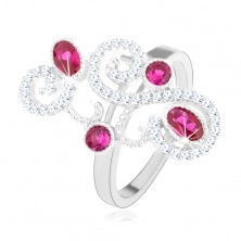 Gyűrű 925 ezüstből, csillogó minta, rózsaszín cirkóniák, magas fény