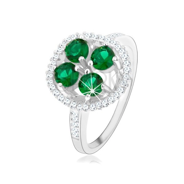 925 ezüst eljegyzési gyűrű, kerek csillogó virág, zöld cirkóniák