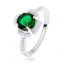 925 ezüst gyűrű, zöld virág, szirmok átlátszó cirkóniákból