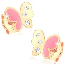 Bedugós fülbevaló 9K aranyból, pillangó rózsaszín fénymázzal