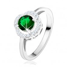 Eljegyzési gyűrű, kerek zöld cirkónia, hullámos, átlátszó keret, 925 ezüst