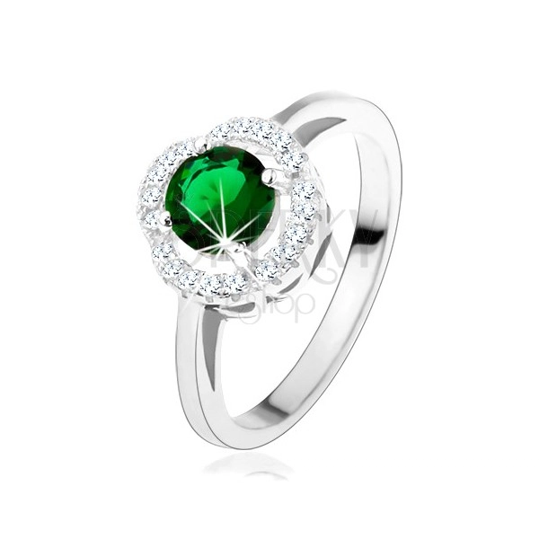 Eljegyzési gyűrű, kerek zöld cirkónia, hullámos, átlátszó keret, 925 ezüst