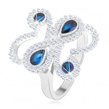 Gyűrű 925 ezüstből, csillogó hullámos vonal, kék cirkóniák