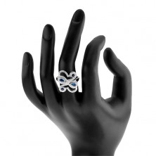 Gyűrű 925 ezüstből, csillogó hullámos vonal, kék cirkóniák
