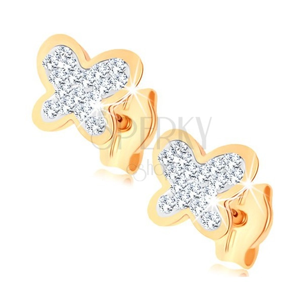 Fülbevaló 9K sárga aranyból - csillogó pillangó, átlátszó Swarovski kristályok