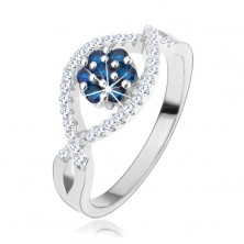 Gyűrű 925 ezüstből, hullámos cirkóniás vonal, csillogó virág kék cirkóniákból