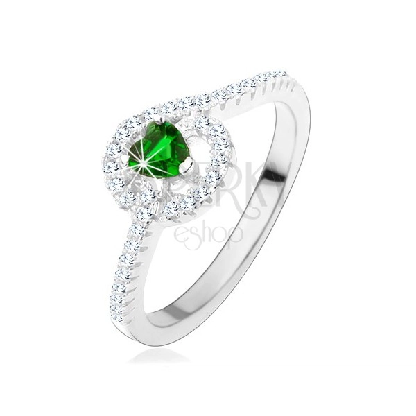 925 ezüst eljegyzési gyűrű, zöld cirkóniás szívecske, csillogó vonalak