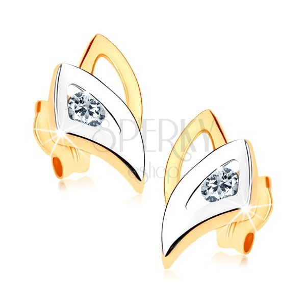 Bedugós fülbevaló 9K aranyból - kétszínű háromszög körvonal, átlátszó cirkóniák