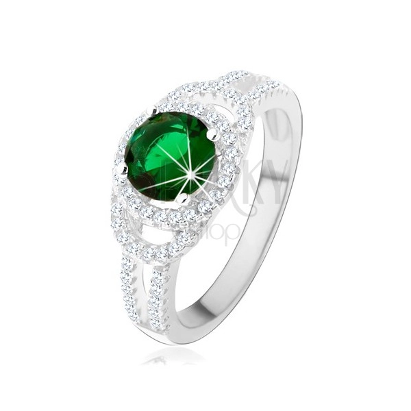 925 ezüst gyűrű, kettős csillogó kontúr, zöld kerek cirkónia