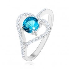 Eljegyzési gyűrű 925 ezüstből, cirkóniás szív körvonal, kék kő