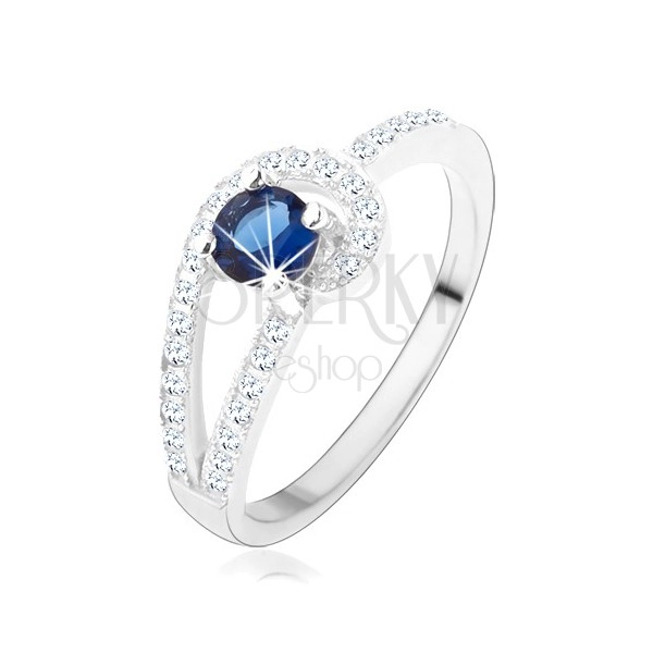 925 ezüst gyűrű, csillogó átlátszó vonal, kerek kék cirkónia