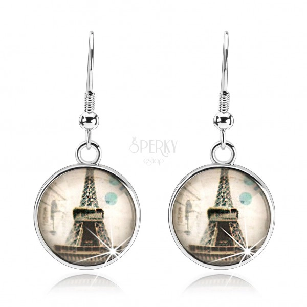 Fülbevaló átlátszó kidomborodó üveggel, Eiffel torony, bézs alap