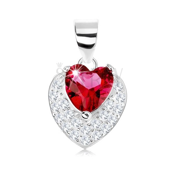Medál 925 ezüstből, csillogó kidomborodó szívecske, piros szív alakú cirkónia