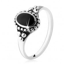 Patináns gyűrű 925 ezüstből, fekete színű ovális, golyók, magas fény