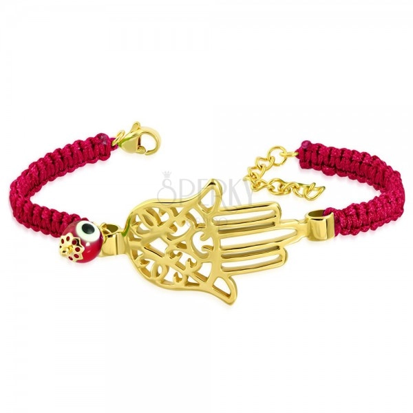 Fonott piros karkötő acél medállal arany színben - Fatima keze