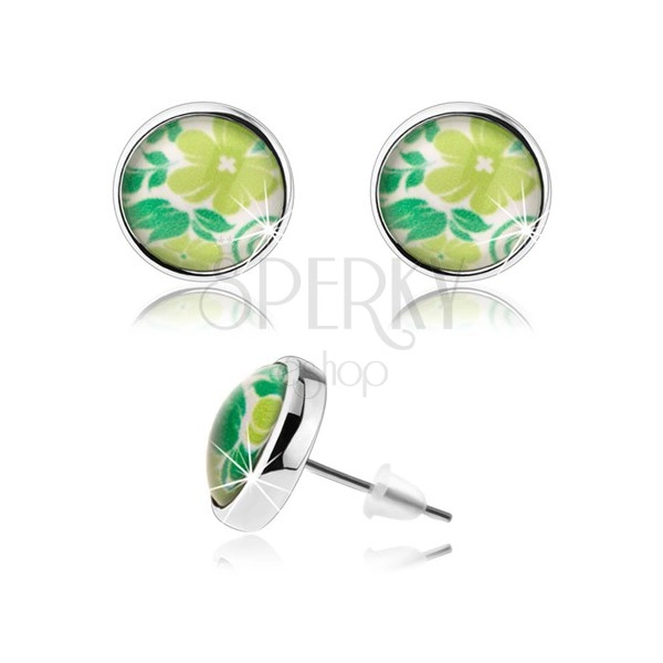 Cabochon fülbevaló, átlátszó fénymáz, stekkerek, zöld virág, levelek, fehér alap