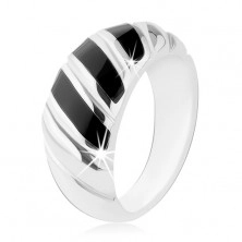 Gyűrű, 925 ezüst, fekete ferde vonal, bevágások