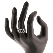 Gyűrű, 925 ezüst, fekete ferde vonal, bevágások