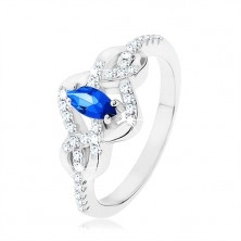 925 ezüst gyűrű, kék cirkóniás ovális, összefonott vonalak cirkóniákkal díszítve